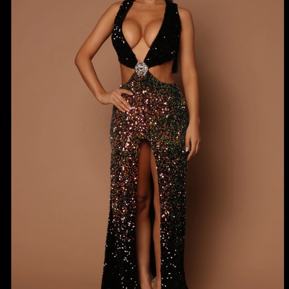 Nova Luxe Black and Rainbow Gold Sequin Gown